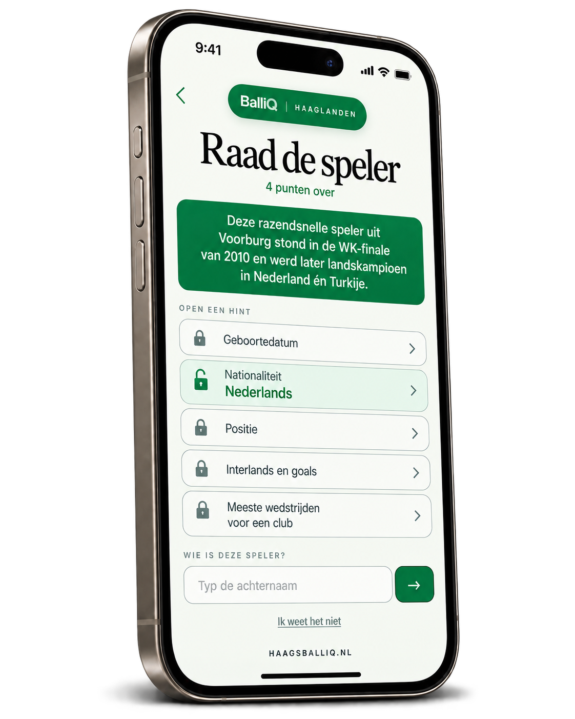 iPhone-mock-up van de Haaglanden-editie: Raad de Haagse voetbalheld